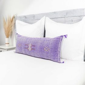 Moroccan Handwoven Cactus Silk Lumbar Pillow 14 x 36 Embroidered cushion - Violet