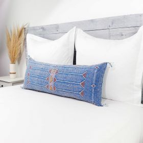 Moroccan Handwoven Cactus Silk Lumbar Pillow 14 x 36 Embroidered cushion - True Blue