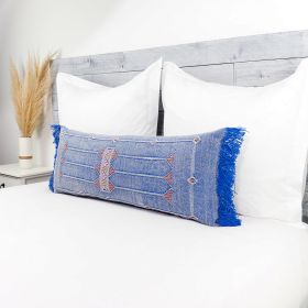 Moroccan Handwoven Cactus Silk Lumbar Pillow 14 x 36 Embroidered cushion - Blue