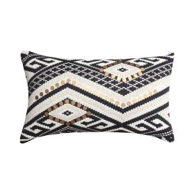 12 x 20 Rectangular Handwoven Jacquard Accent Lumbar Throw Pillow, Sequins, Geometric Design, White, Black