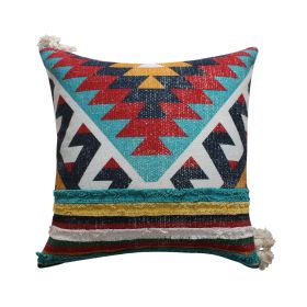 24 x 24 Square Handwoven Cotton Dhurrie Accent Throw Pillow, Aztec Kilim Pattern, Tassels, Multicolor