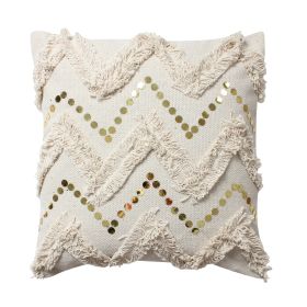 18 x 18 Square Polycotton Handwoven Accent Throw Pillow, Fringed, Sequins, Chevron Design, Off White