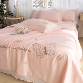 Korean Ice Silk Summer Quilt Four-piece Set Embroidery Lace Air Conditioning Cool Feeling Thin Duvet (Option: Butterfly Love Pink Jade-200x230cm Quilt)