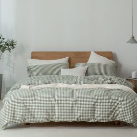 Cotton Yarn-dyed Washed Cotton Four-piece Set Japanese Muji Style (Option: Green Small Grid-2M-Fitted Sheet)