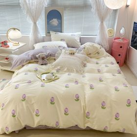 Cute Floral Rabbit Cotton Four-piece Set Pastoral Cotton Quilt Cover Bed Sheet Three-piece Set (Option: Purple Tulip-12m Bed Sheet)