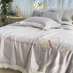 Korean Ice Silk Summer Quilt Four-piece Set Embroidery Lace Air Conditioning Cool Feeling Thin Duvet (Option: Butterfly Love Smoky Gray-200x230cm Quilt)