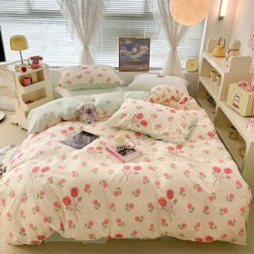 Cute Floral Rabbit Cotton Four-piece Set Pastoral Cotton Quilt Cover Bed Sheet Three-piece Set (Option: Pink Bouquet-12m Bed Sheet)