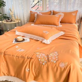 Korean Ice Silk Summer Quilt Four-piece Set Embroidery Lace Air Conditioning Cool Feeling Thin Duvet (Option: Butterfly Love Orange-200x230cm Quilt)