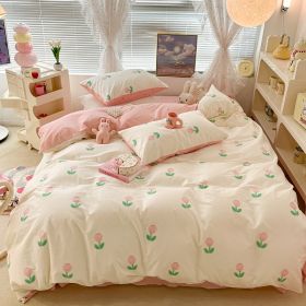 Cute Floral Rabbit Cotton Four-piece Set Pastoral Cotton Quilt Cover Bed Sheet Three-piece Set (Option: Pink Small Curcuma Aromatica-15m Bed Sheet)