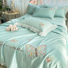 Korean Ice Silk Summer Quilt Four-piece Set Embroidery Lace Air Conditioning Cool Feeling Thin Duvet (Option: Butterfly Love Water Green-1.5m 1.8m 2.0m Universal set)