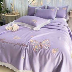 Korean Ice Silk Summer Quilt Four-piece Set Embroidery Lace Air Conditioning Cool Feeling Thin Duvet (Option: Butterfly Love Purple-1.5m 1.8m 2.0m Universal set)