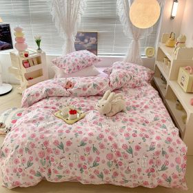 Cute Floral Rabbit Cotton Four-piece Set Pastoral Cotton Quilt Cover Bed Sheet Three-piece Set (Option: Spring Dream-15m Fitted Cover Type)